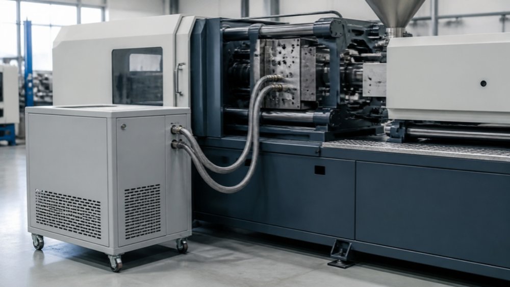 Mold temperature controller connected by hoses to an injection molding machine
