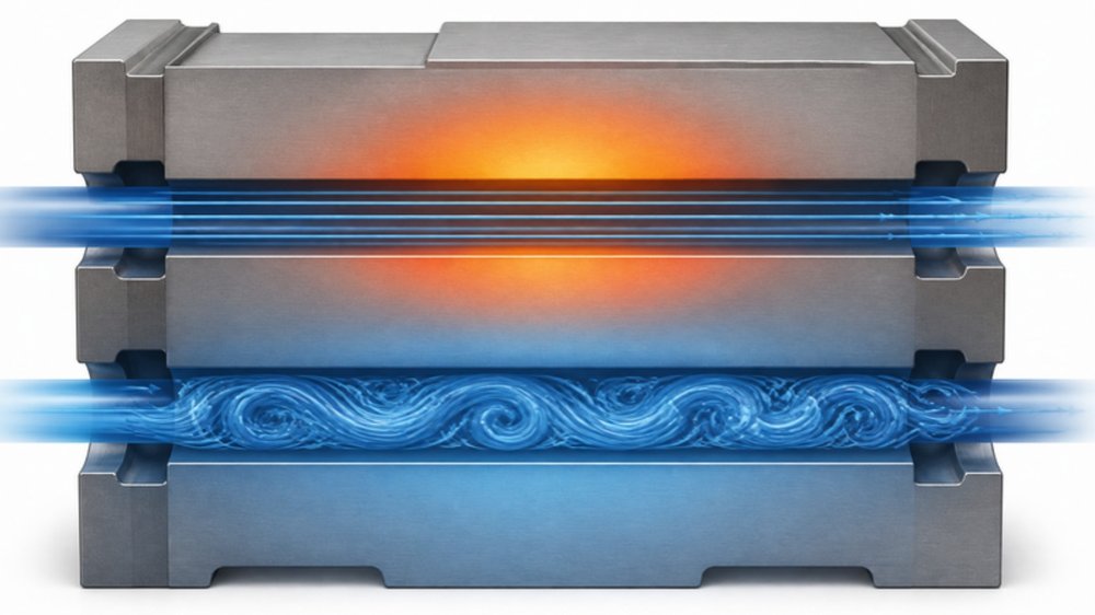 Laminar flow causing a mold hot spot versus turbulent flow cooling the mold evenly