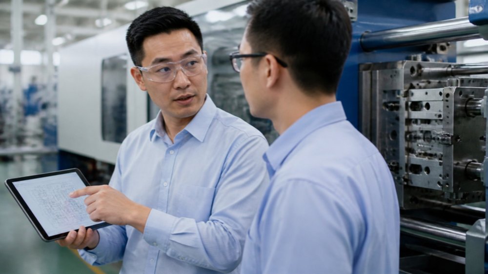 Process engineers reviewing mold specifications beside an injection molding machine